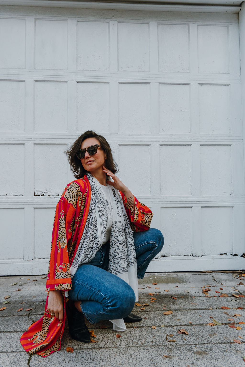 Broad Striped Tiger Print Kimono Robe in Pink & Orange