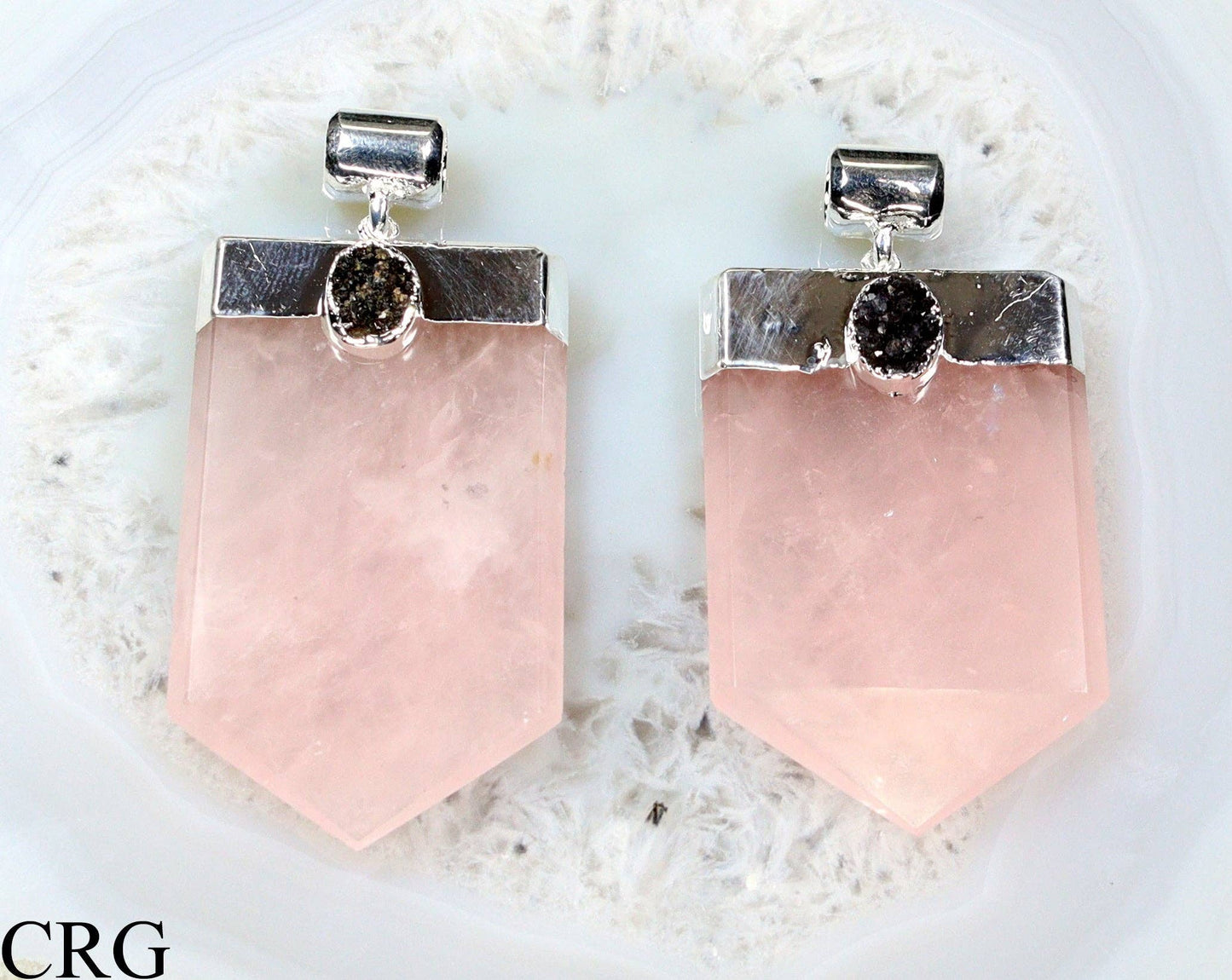 Silver Plated Flat Point Rose Quartz Druzy Pendant