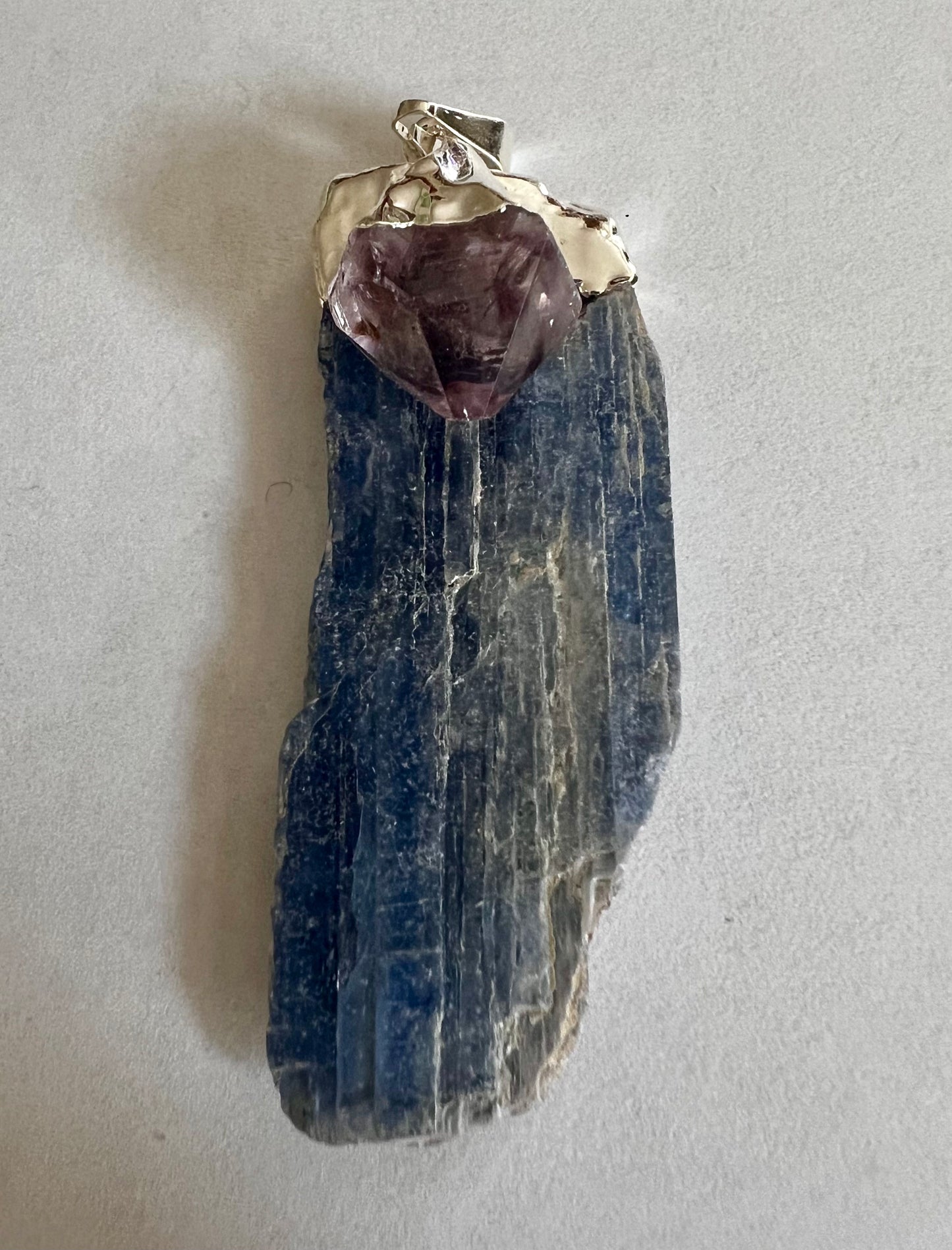 Blue Kyanite Raw Blade Pendant with Amethyst