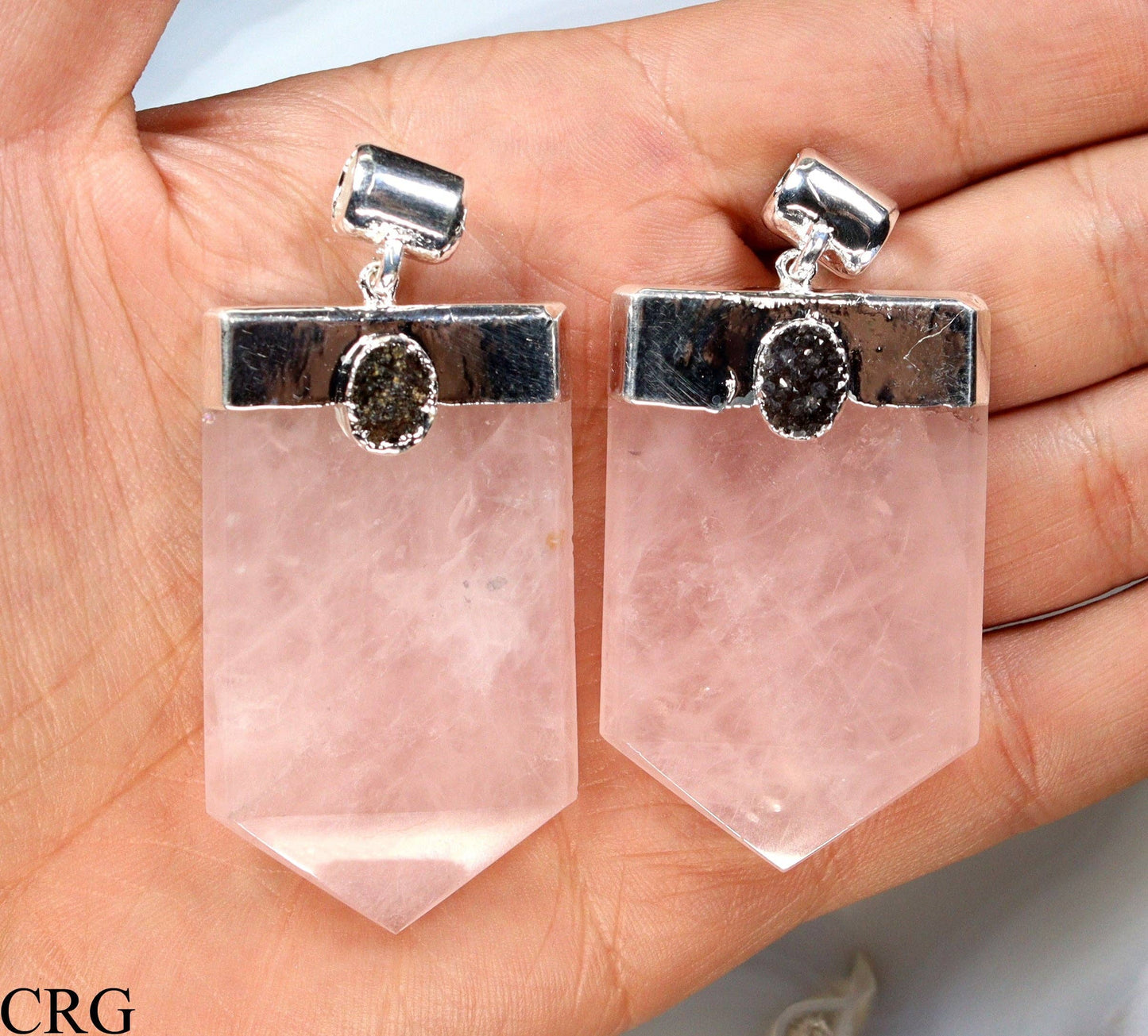 Silver Plated Flat Point Rose Quartz Druzy Pendant