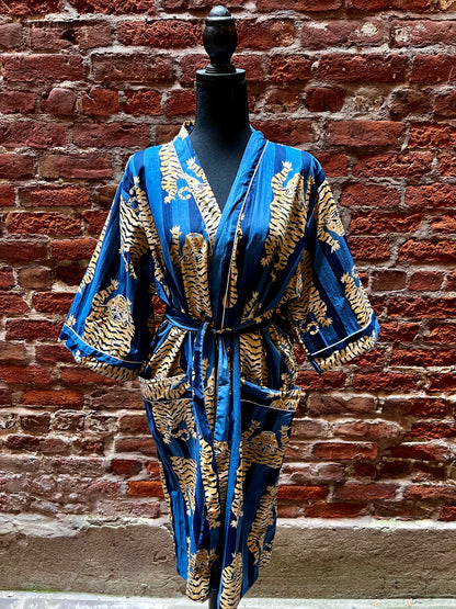 Tiger Print Broad Striped Indigo & Navy Kimono Robe