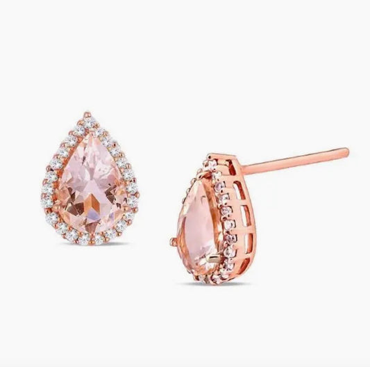 14K Rose Gold Morganite Pear Cut Pavé Studs