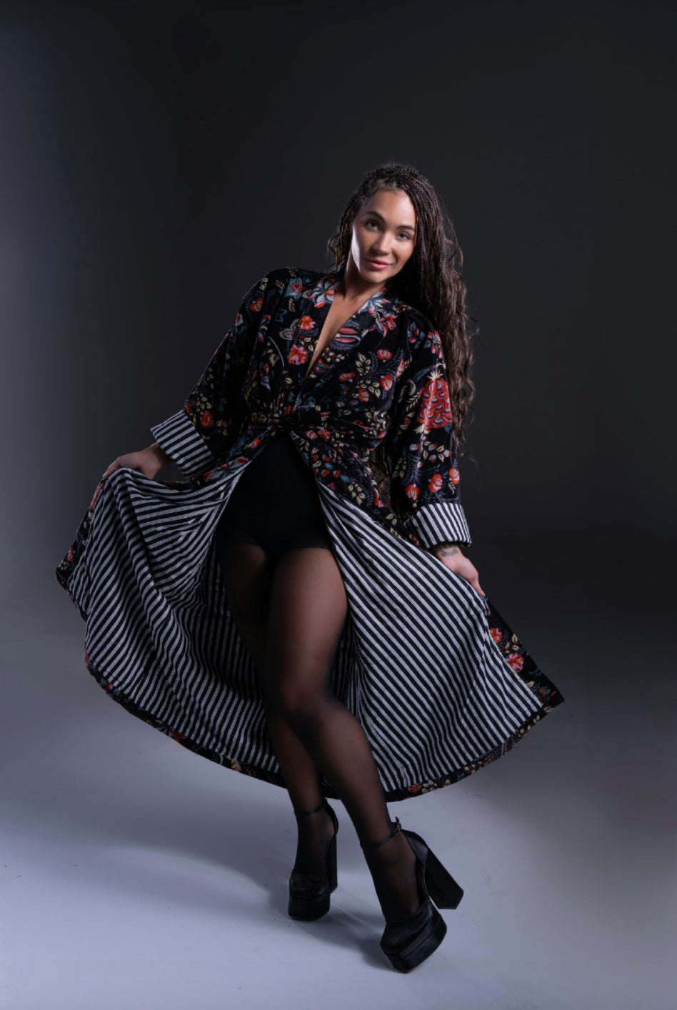 Kimono Velvet Luxury Black Floral with Stripe Lining