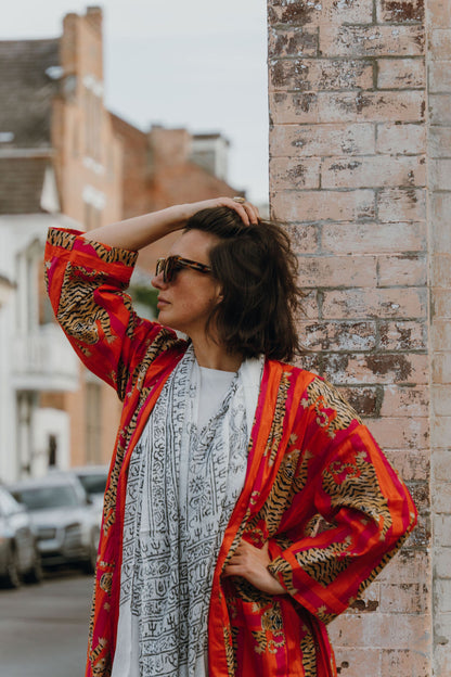 Broad Striped Tiger Print Kimono Robe in Pink & Orange