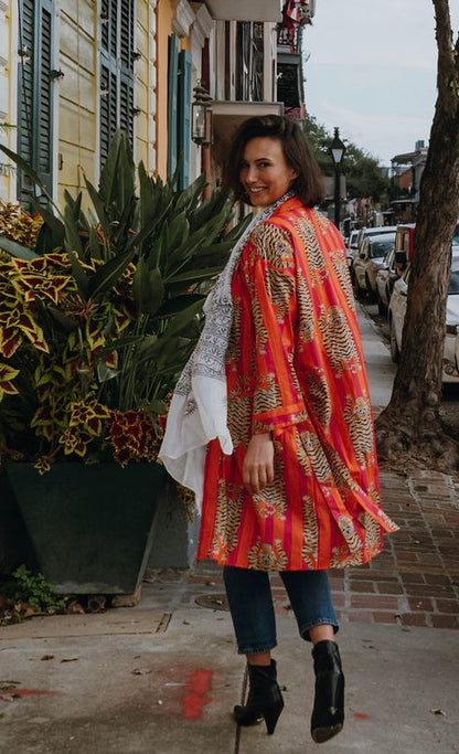 Broad Striped Tiger Print Kimono Robe in Pink & Orange