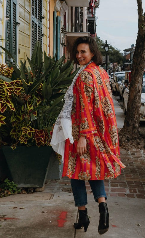 Broad Striped Tiger Print Kimono Robe in Pink & Orange