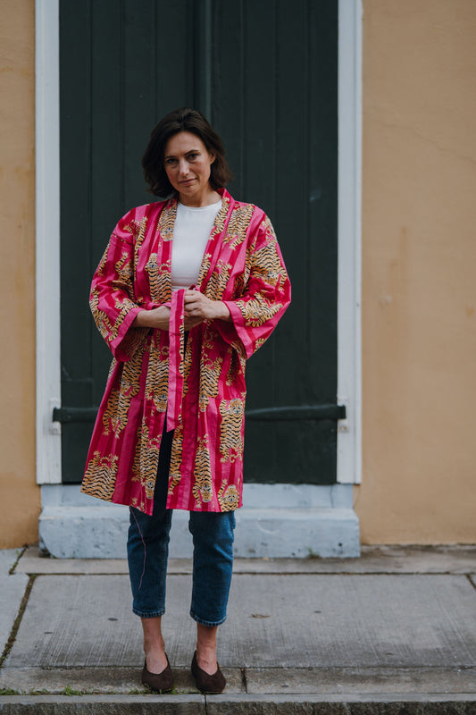 Kimono Robe Cotton Striped Robe Pink Tiger Print