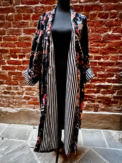 Kimono Velvet Luxury Black Floral with Stripe Lining
