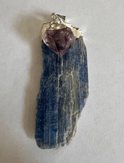 Blue Kyanite Raw Blade Pendant with Amethyst