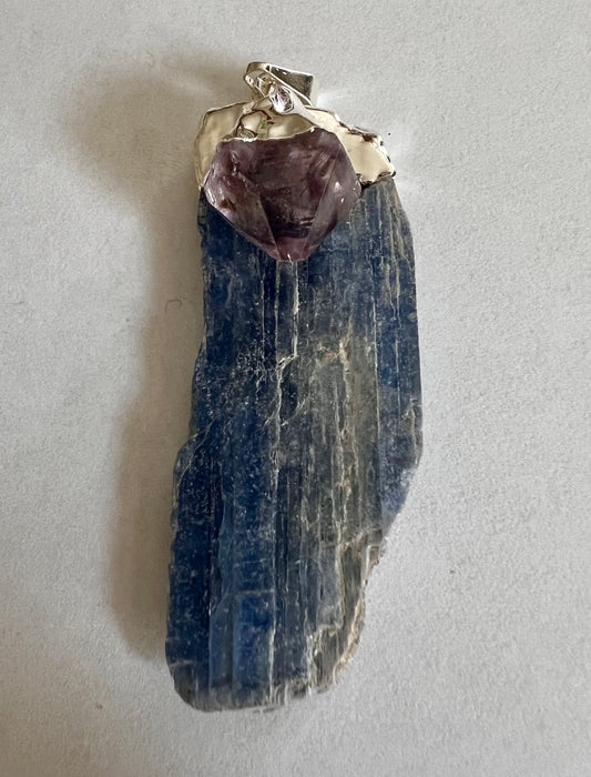 Blue Kyanite Raw Blade Pendant with Amethyst