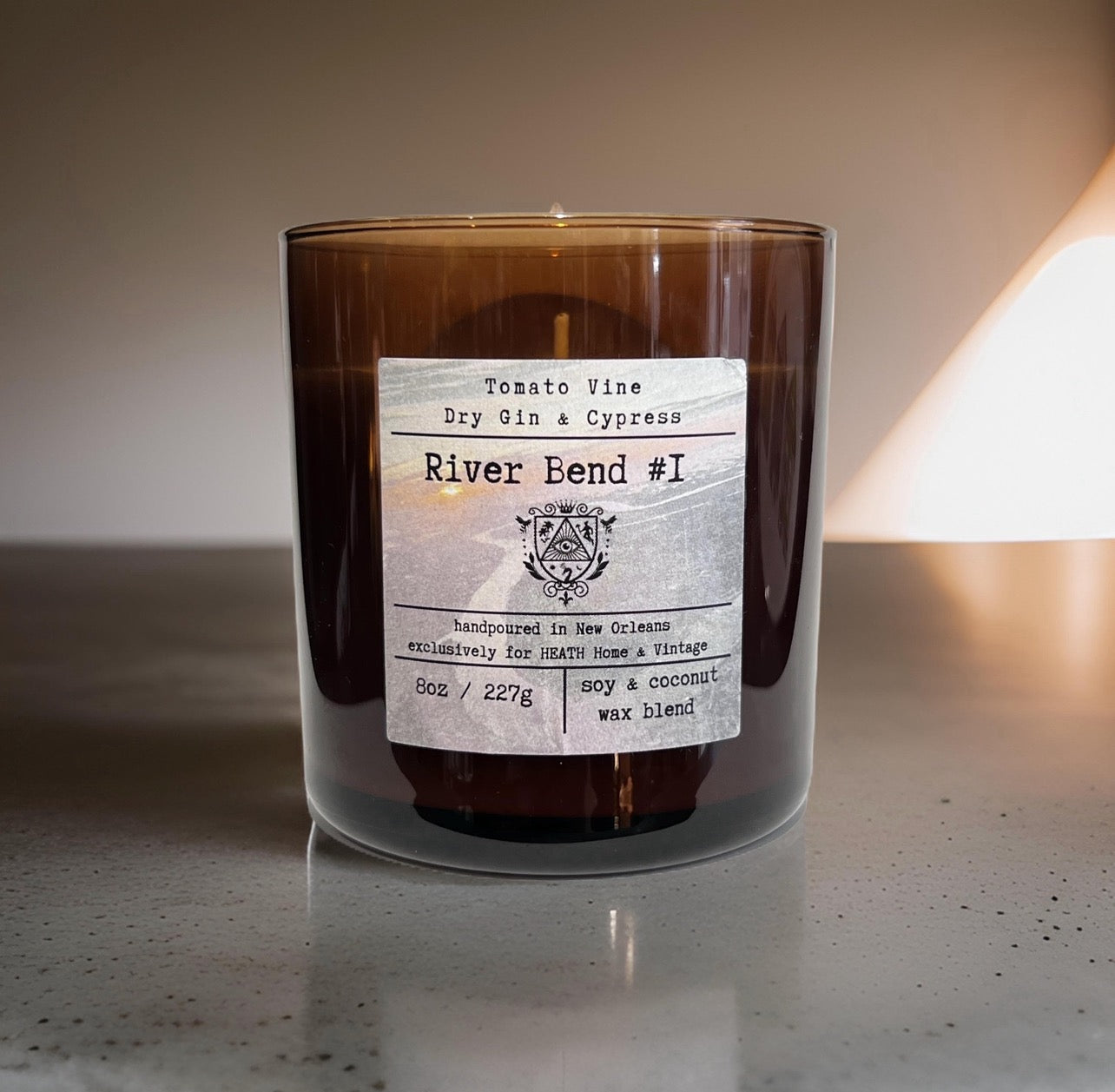 River Bend Soy Wax Candle in Amber Glass Jar 8 oz.