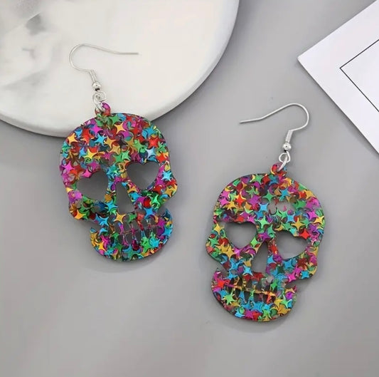 Holographic Stars Skull  Earrings