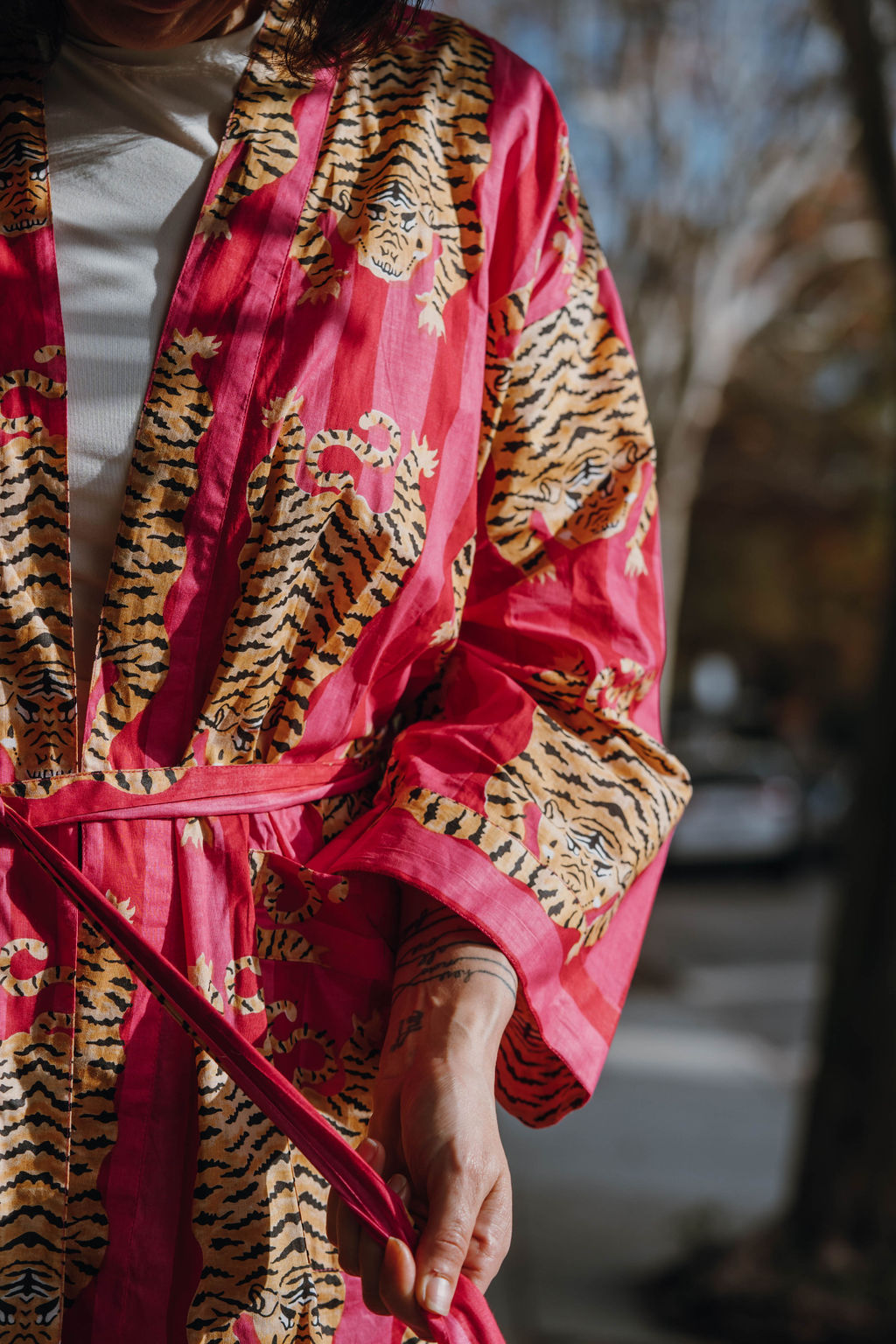Kimono Robe Cotton Striped Robe Pink Tiger Print