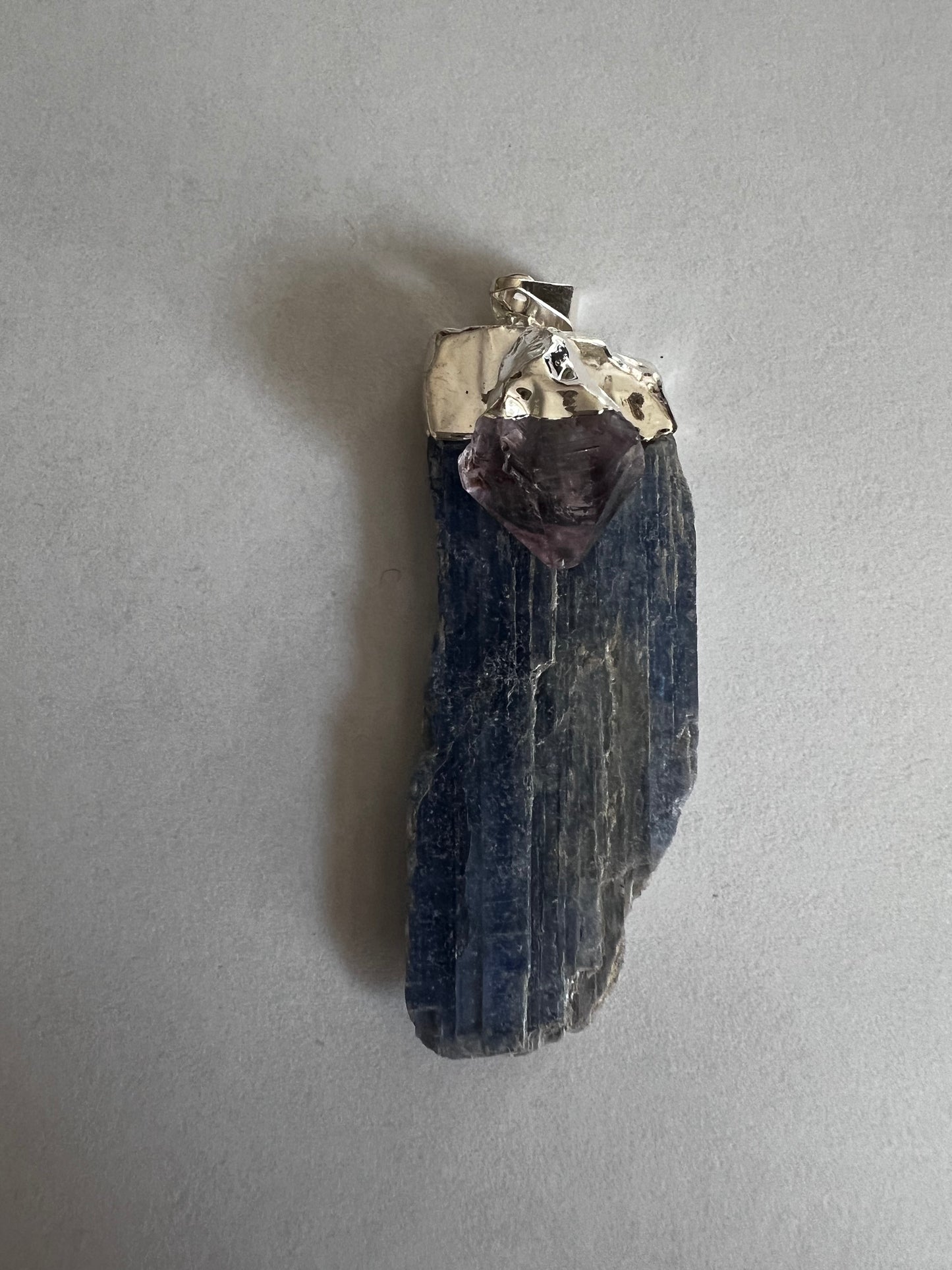 Blue Kyanite Raw Blade Pendant with Amethyst