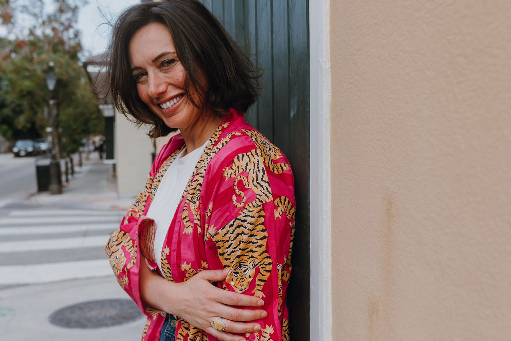 Kimono Robe Cotton Striped Robe Pink Tiger Print