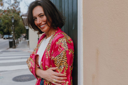 Kimono Robe Cotton Striped Robe Pink Tiger Print