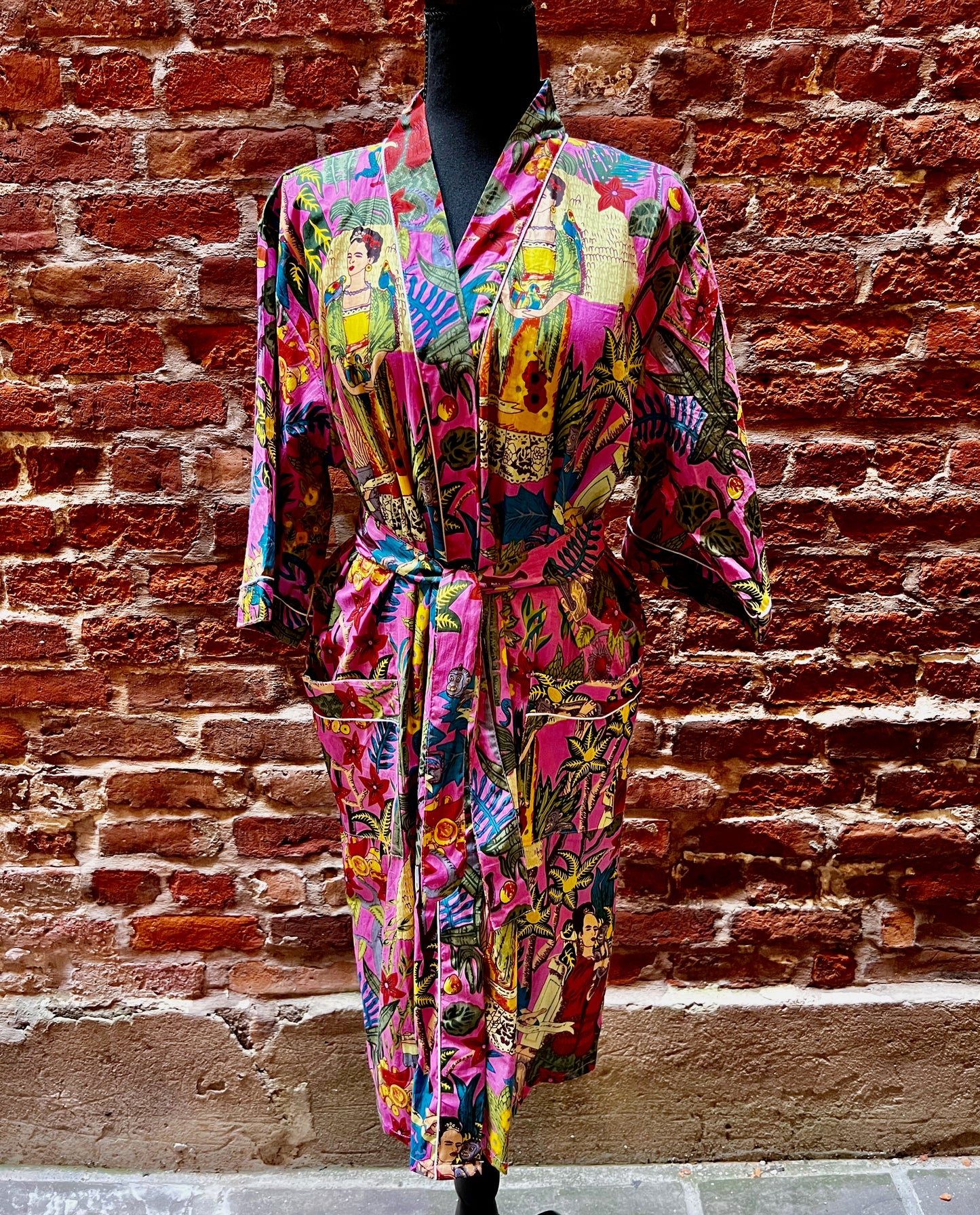 Kimono Robe Cotton Pink Frida Kahlo Tropical Print