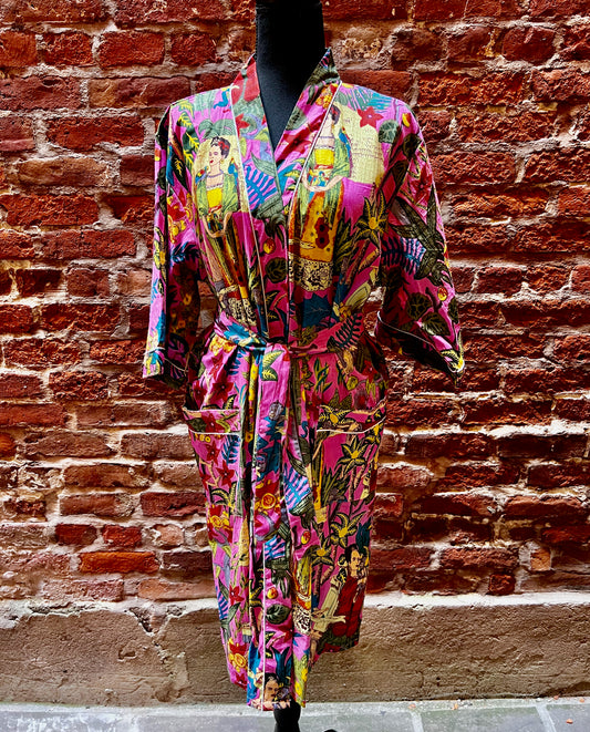 Kimono Robe Cotton Pink Frida Kahlo Tropical Print