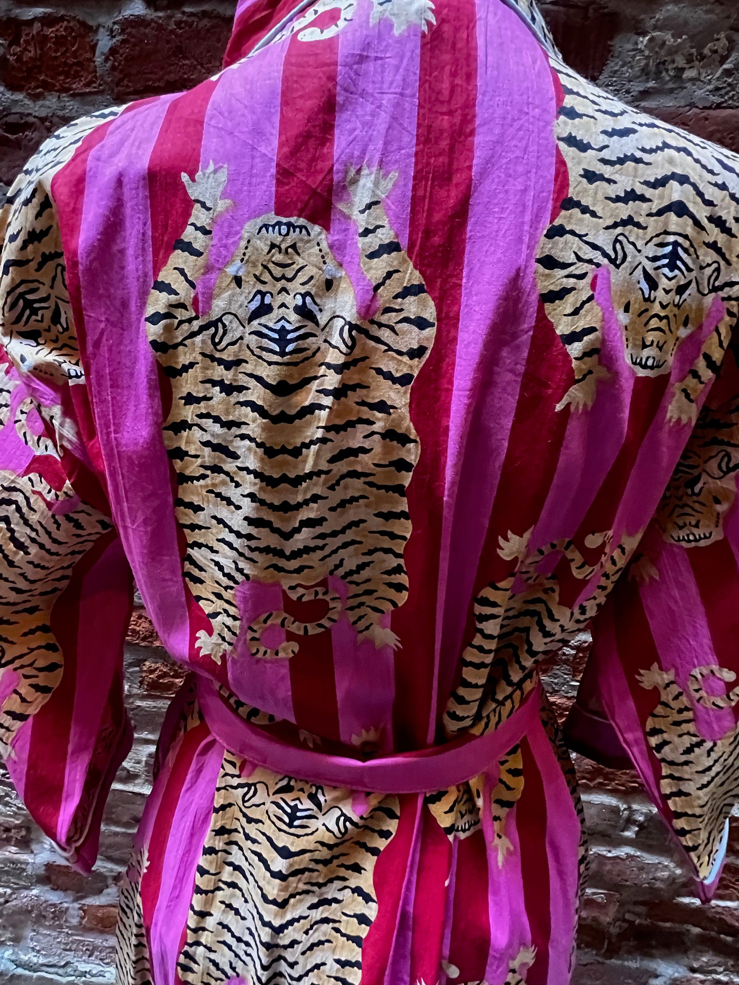 Kimono Robe Cotton Striped Robe Pink Tiger Print
