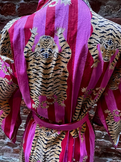 Kimono Robe Cotton Striped Robe Pink Tiger Print